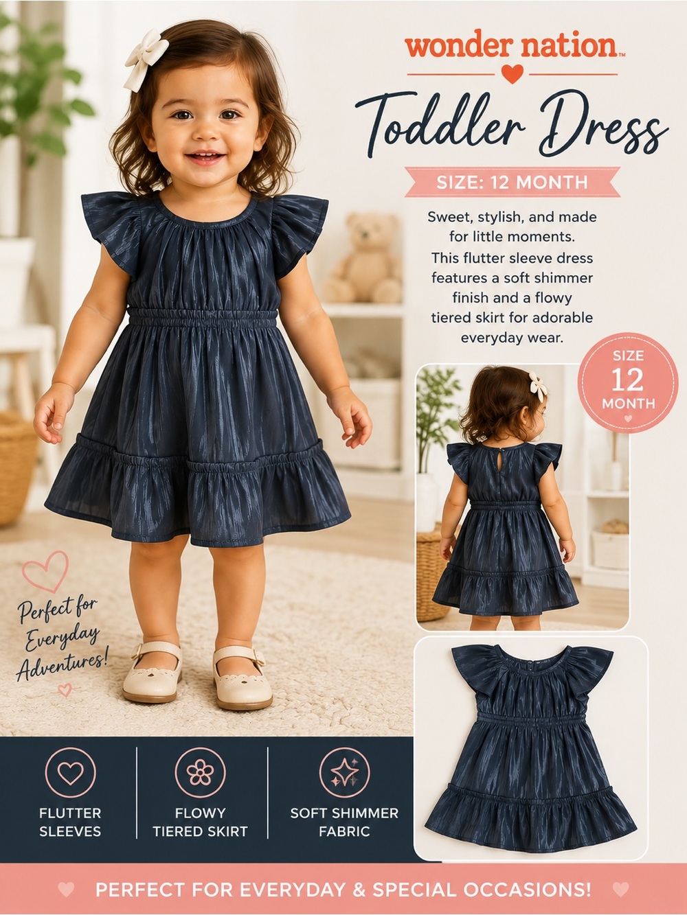 Wonder Nation 12M Navy Flutter Sleeve Toddler Dress - Soft Shimmer Everyday Wear